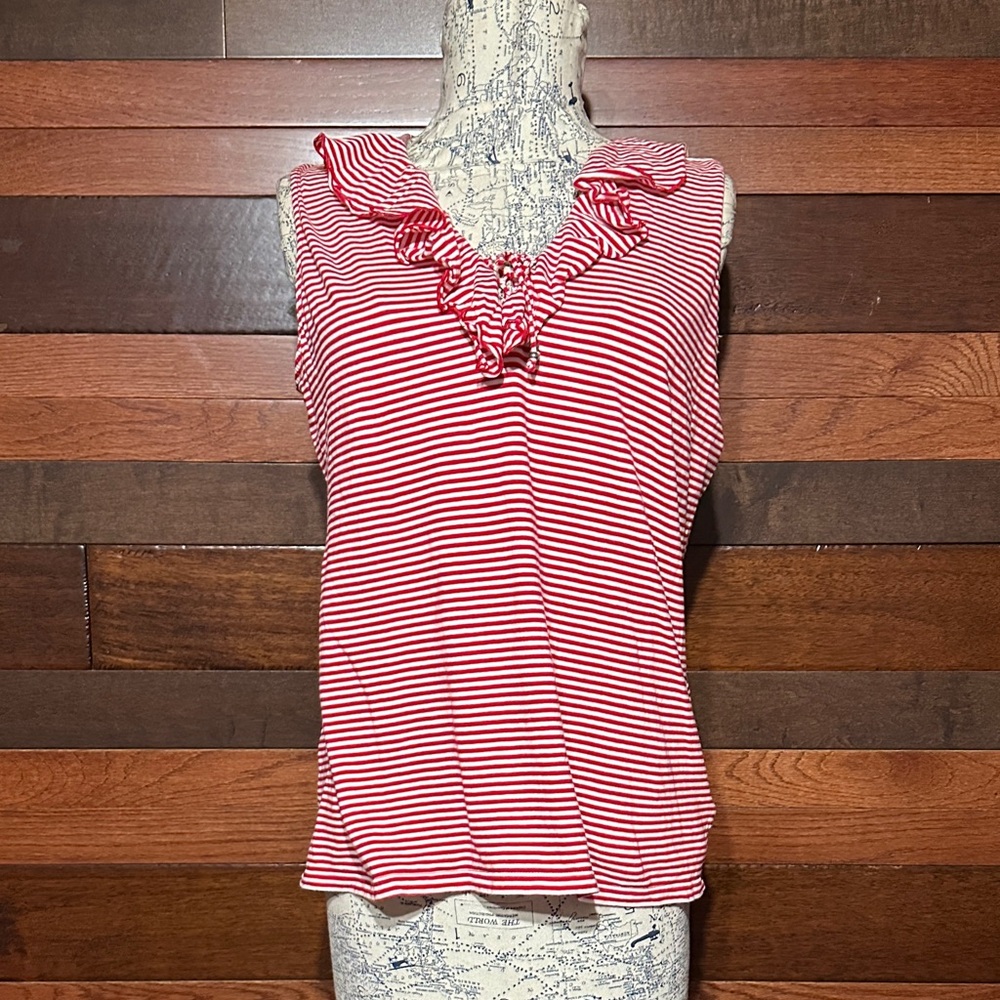 Chaps Red and White Striped Ruffle Blouse